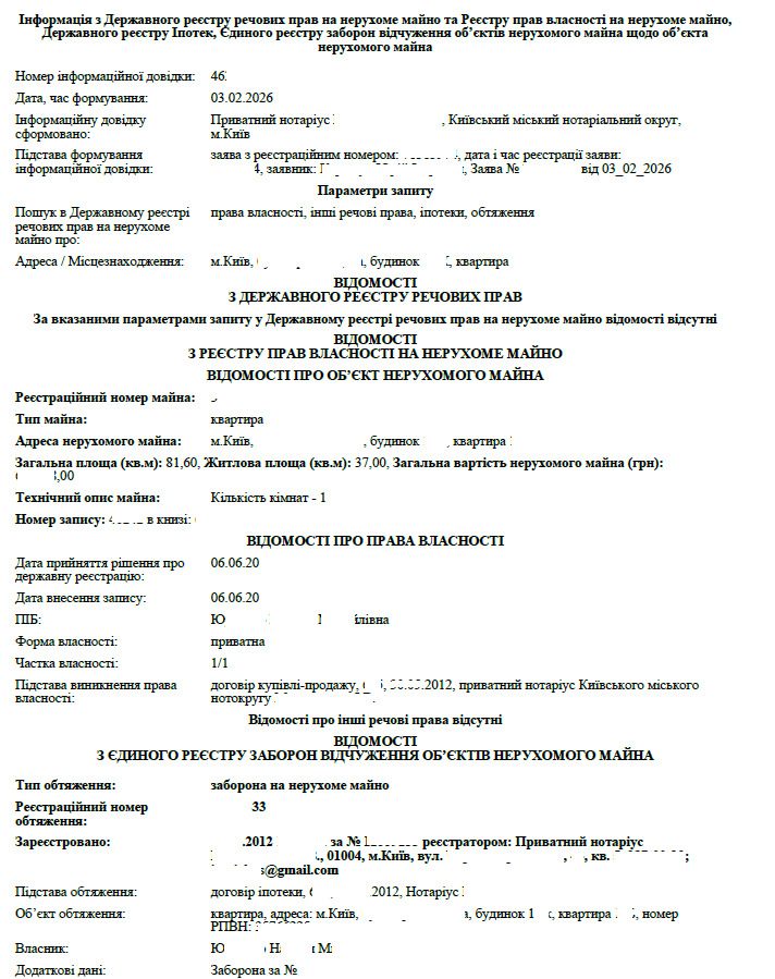 інформаційна довідка з Державного реєстру речових прав на нерухоме майно